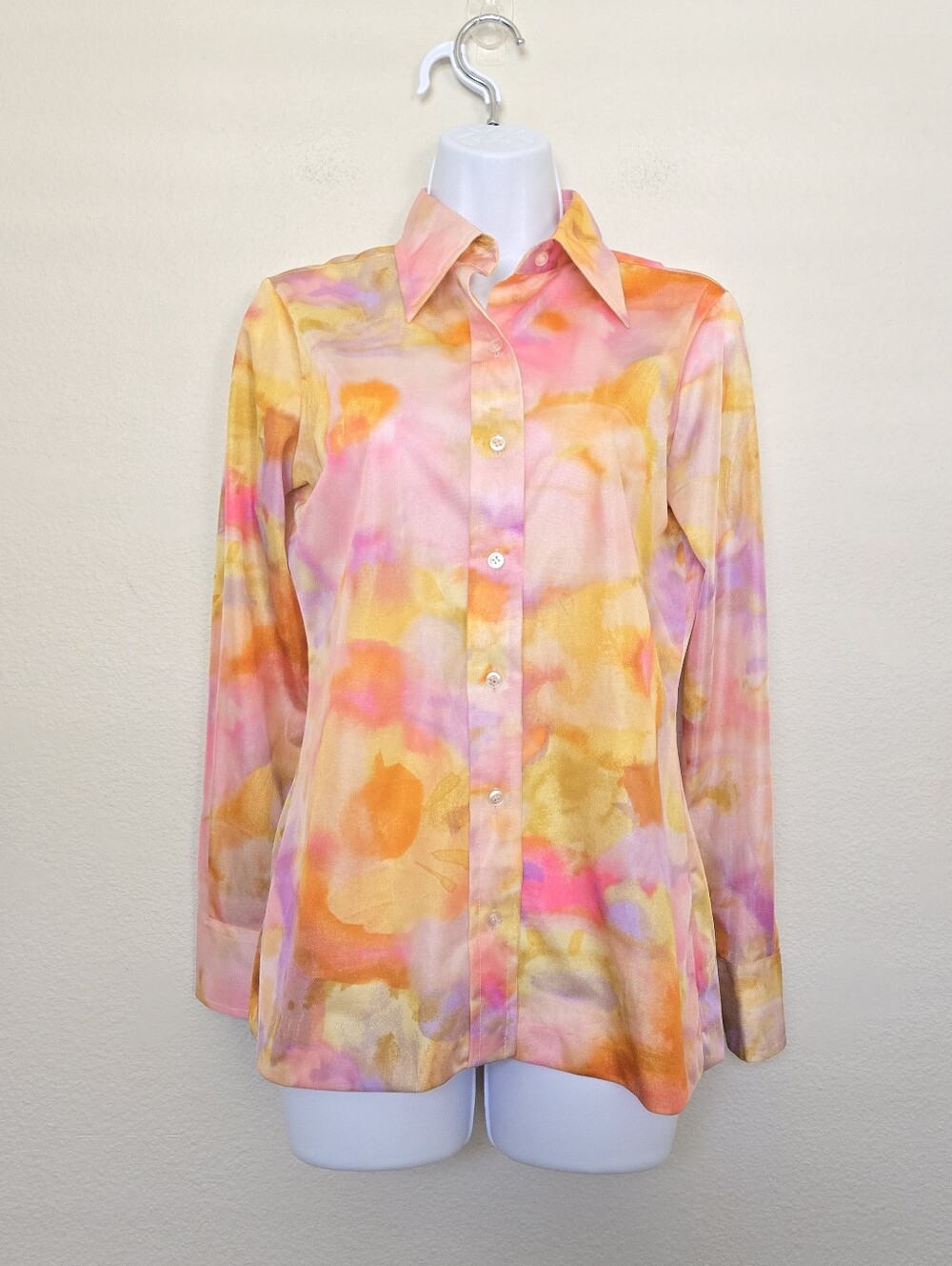 Vintage 70s Lady Manhattan Watercolor Abstract Groovy Pink Blouse